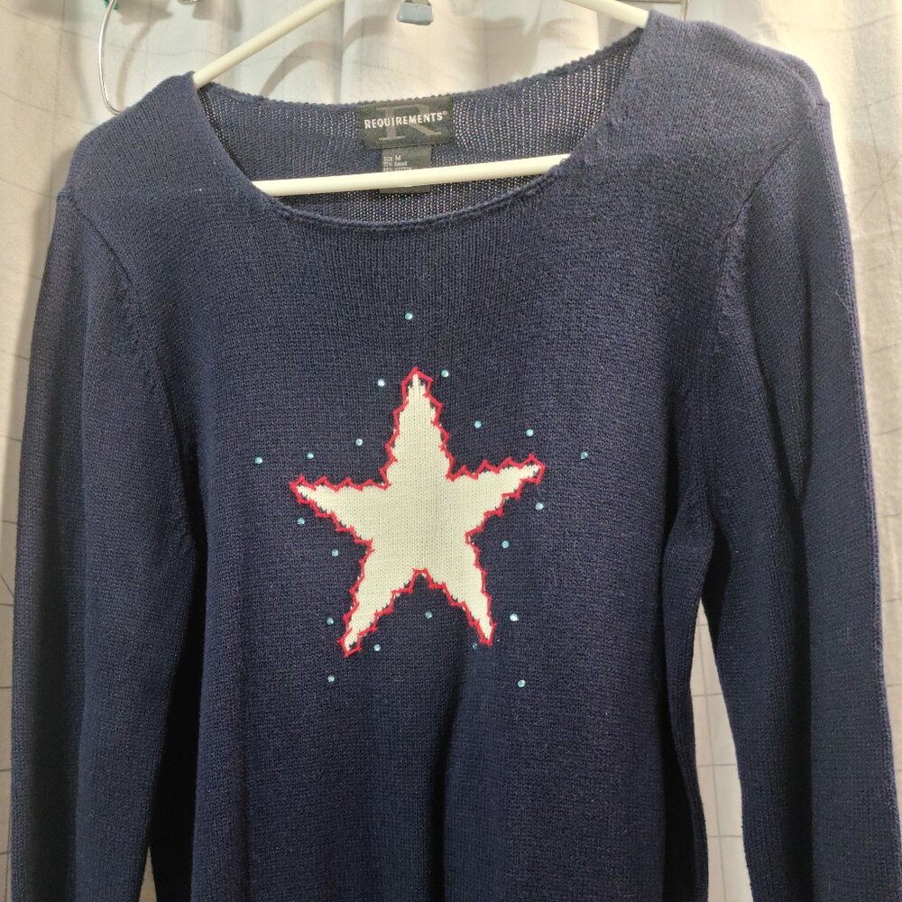 Ladies  3/4 inch Sleeves Requirements Patriotic Sweater, navy blue, size M.